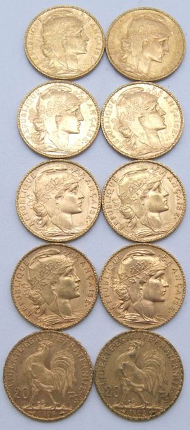  Dix pièces de 20 Francs Or, au Coq. 
1901, 1905, 1906 (x3), 1907 (x2), 1909 & 1910...