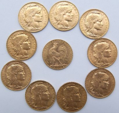  Dix pièces de 20 Francs Or, au Coq. 
1907, 1909, 1910, 1912 (x2), 1913 (x2) & 1914...