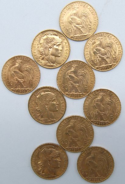 null Dix pièces de 20 Francs Or, au Coq.

1904, 1907, 1908, 1910 (x5), 1911 & 1913.

Poids...