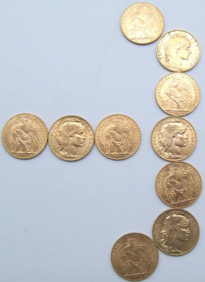  Dix pièces de 20 Francs Or, au Coq. 
1904, 1908, 1909, 1910, 1911 (x5) & 1912. 
Poids...