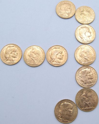 null Dix pièces de 20 Francs Or, au Coq.

1904, 1908, 1909, 1910, 1911 (x5) & 1912.

Poids...