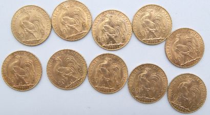  Dix pièces de 20 Francs Or, au Coq. 
1908 (x4), 1911 (x4), 1912 & 1914. 
Poids :...