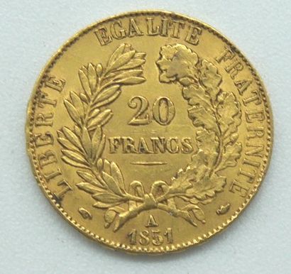  Une pièce de 20 Francs Or, Cérès, 1851 A. 
Poids : 6,37grs. 
 
Estimation et mise...