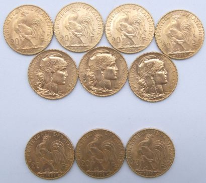 Dix pièces de 20 Francs Or, au Coq.

1908...