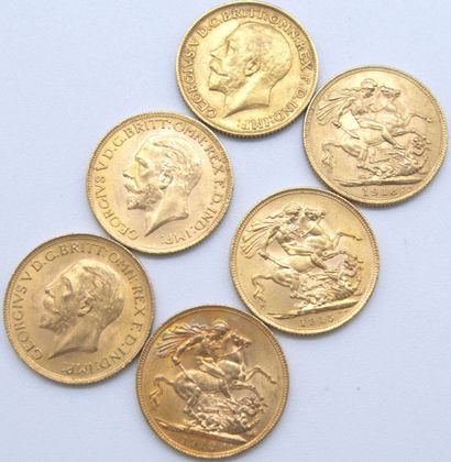 Six pièces Souverain Or, George V. 
1912, 1913, 1915, 1918, 1929 & 1931. 
Poids...