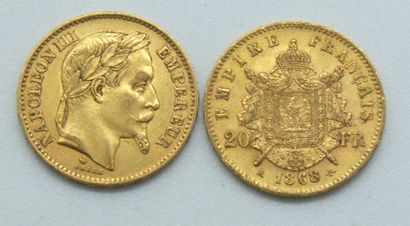 null Deux pièces de 20 Francs Or, Napoléon, tête laurée, 1868 A.

Poids : 12,86grs.



Estimation...