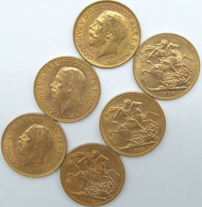  Six pièces Souverain Or, George V. 
1912, 1913, 1915, 1918, 1929 & 1931. 
Poids...