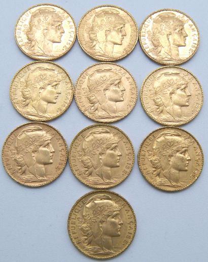 null Dix pièces de 20 Francs Or, au Coq.

1903, 1904, 1905, 1906 (x2), 1907, 1908,...