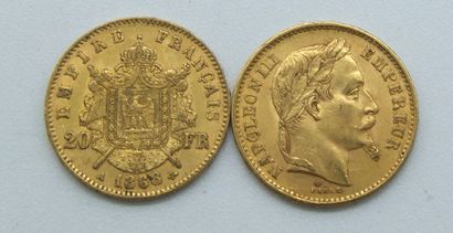null Deux pièces de 20 Francs Or, Napoléon, tête laurée, 1868 A.

Poids : 12,86grs.



Estimation...