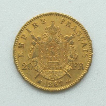  Une pièce de 20 Francs Or, Napoléon, tête laurée, 1867 BB. 
Poids : 6,43grs. 
 
Estimation...