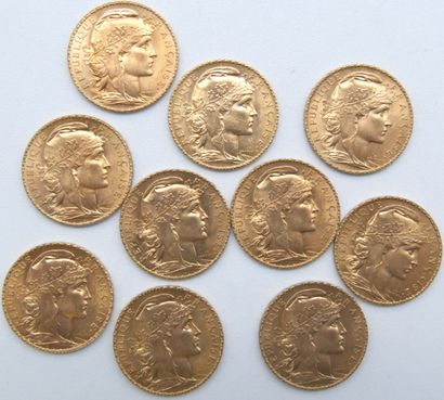  Dix pièces de 20 Francs Or, au Coq. 
1907, 1908, 1909 (x2), 1910 (x3) & 1911 (x3)....