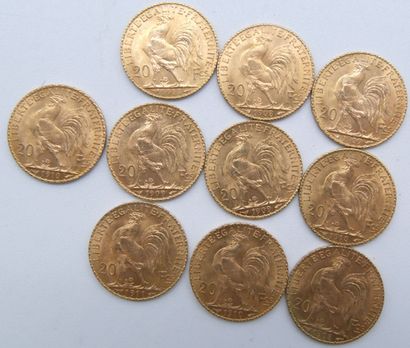 null Dix pièces de 20 Francs Or, au Coq.

1908 (x2), 1909 (x3), 1910 (x3) & 1911...