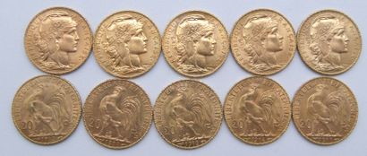  Dix pièces de 20 Francs Or, au Coq. 
1909 (x3), 1910 (x2), 1911 (x2), 1912, 1913...