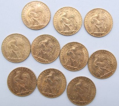  Dix pièces de 20 Francs Or, au Coq. 
1907, 1908, 1909 (x2), 1910 (x3) & 1911 (x3)....