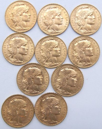 null Dix pièces de 20 Francs Or, au Coq.

1904, 1907 (x2), 1908 (x3), 1909, 1910,...