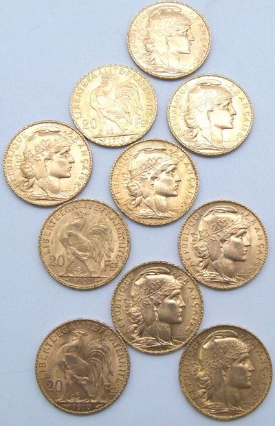  Dix pièces de 20 Francs Or, au Coq. 
1904, 1907, 1908, 1910 (x5), 1911 & 1913. 
Poids...