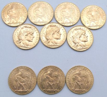  Dix pièces de 20 Francs Or, au Coq. 
1908 (x2), 1909 (x2), 1910 (x2), 1911, 1913...
