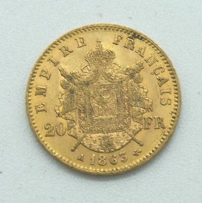  Une pièce de 20 Francs Or, Napoléon, tête laurée, 1863 A. 
Poids : 6,45grs. 
 
Estimation...