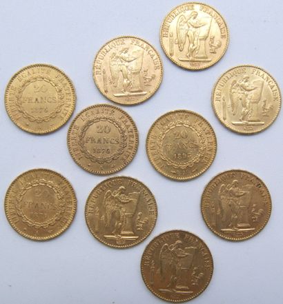  Dix pièces de 20 Francs Or, au Génie, IIIème République. 
1875, 1876 (x3), 1877...