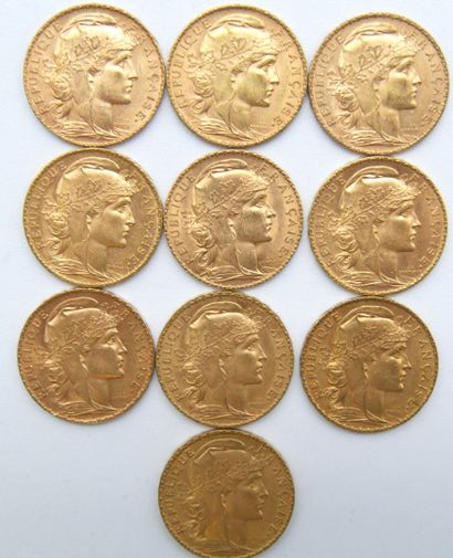  Dix pièces de 20 Francs Or, au Coq. 
1903, 1904, 1905, 1906 (x2), 1907, 1908, 1909,...