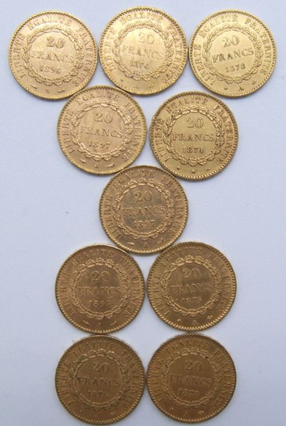null Dix pièces de 20 Francs Or, au Génie, IIIème République.

1871, 1874, 1875,...