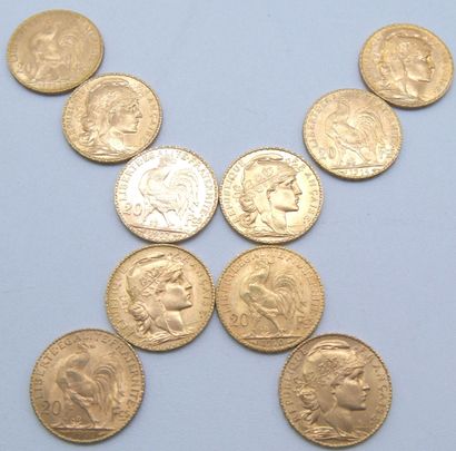null Dix pièces de 20 Francs Or, au Coq.

1907 (x2), 1910, 1911 (x2), 1912 (x2),...