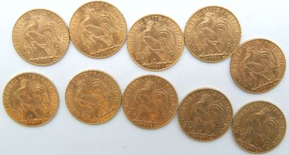  Dix pièces de 20 Francs Or, au Coq. 
1908 (x4), 1911 (x4), 1912 & 1914. 
Poids :...