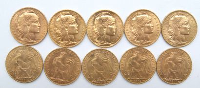 null Dix pièces de 20 Francs Or, au Coq.

1909 (x3), 1910 (x2), 1911 (x2), 1912,...
