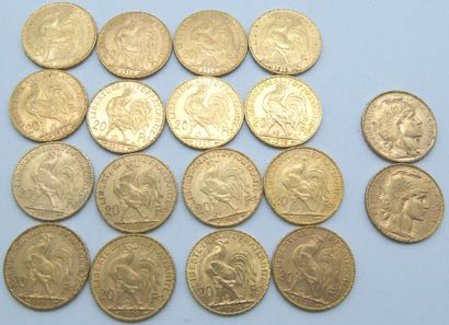 null Dix-huit pièces de 20 Francs Or, au Coq.

1903, 1904, 1908 (x3), 1909 (x4),...