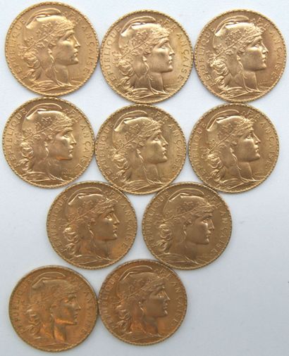  Dix pièces de 20 Francs Or, au Coq. 
1904, 1907 (x2), 1908 (x3), 1909, 1910, 1911...