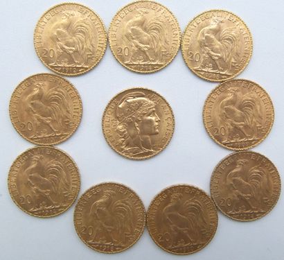 null Dix pièces de 20 Francs Or, au Coq.

1907, 1909, 1910, 1912 (x2), 1913 (x2)...