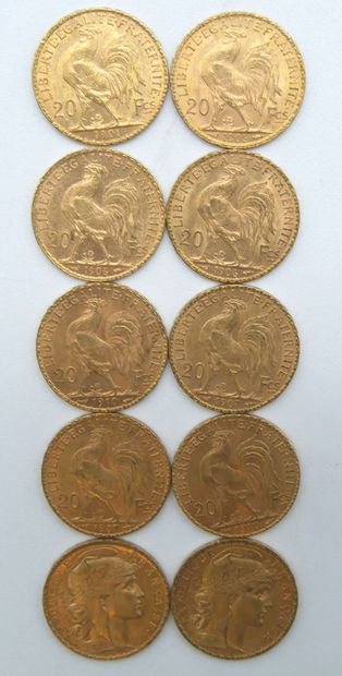 null Dix pièces de 20 Francs Or, au Coq.

1901, 1905, 1906 (x3), 1907 (x2), 1909...