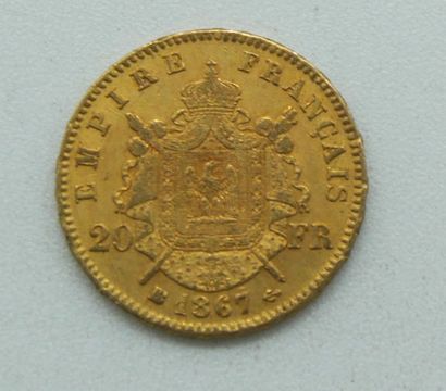 null Une pièce de 20 Francs Or, Napoléon, tête laurée, 1867 BB.

Poids : 6,43grs.



Estimation...