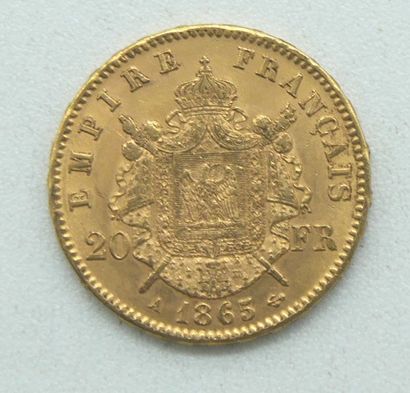  Une pièce de 20 Francs Or, Napoléon, tête laurée, 1865 A. 
Poids : 6,44grs. 
 
Estimation...