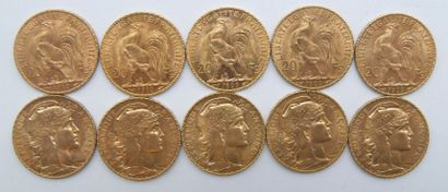 Dix pièces de 20 Francs Or, au Coq.

1909...