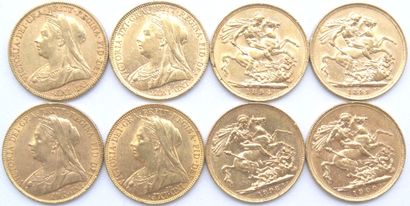  Huit pièces Souverain Or, Victoria tête vieille. 
1894, 1895, 1898 (x2), 1899 &...