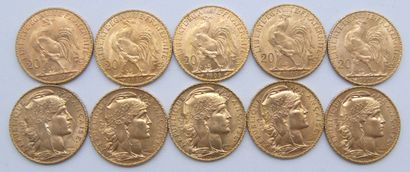  Dix pièces de 20 Francs Or, au Coq. 
1909 (x3), 1910 (x2), 1911 (x2), 1912, 1913...