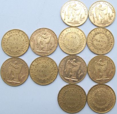  Douze pièces de 20 Francs Or, au Génie, IIIème République. 
1876 (x3), 1877 (x2),...