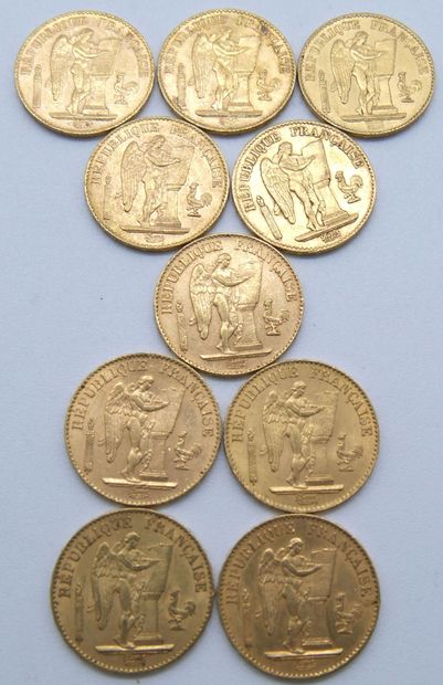  Dix pièces de 20 Francs Or, au Génie, IIIème République. 
1871, 1874, 1875, 1876,...