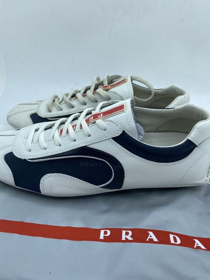 null PRADA, Pair of sneakers model "Plume + Nylon 2" white and dark blue, size 6...
