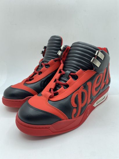 null PHILIPP PLEIN, Pair of sneakers model "Hi-Top Sneakers" red and black, size...