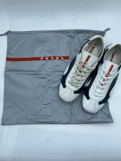 null PRADA, Pair of sneakers model "Plume + Nylon 2" white and dark blue, size 6...