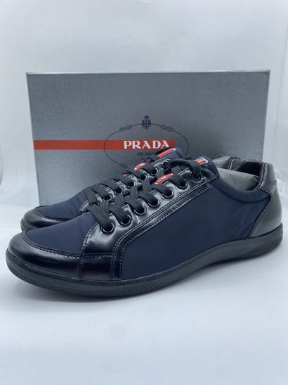 null PRADA, Pair of sneakers model "Nylon + Spazzola" black and dark blue, size 8.5...
