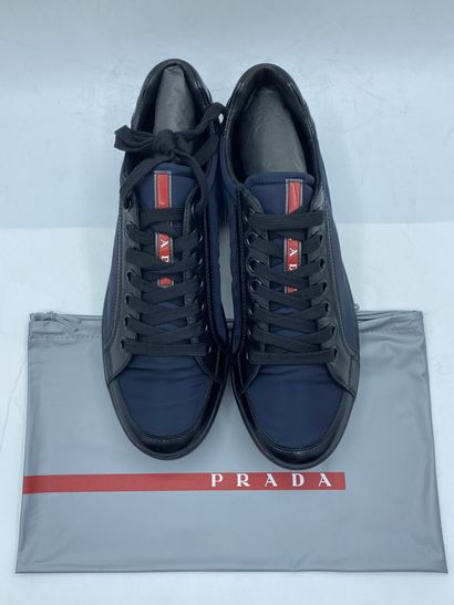 null PRADA, Pair of sneakers model "Nylon + Spazzola" black and dark blue, size 8.5...