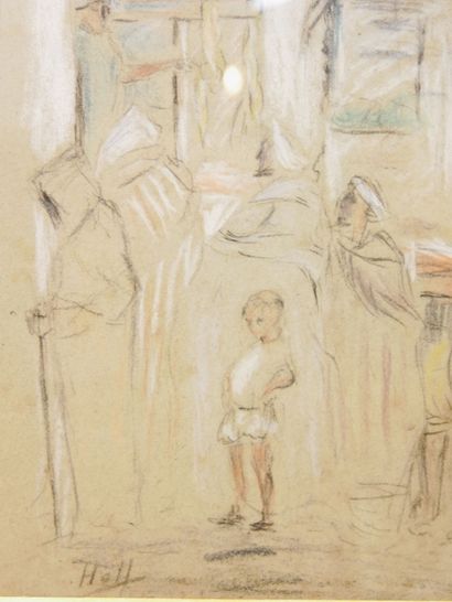 null Orientalist school of the XXth century 

Street scene 

Charcoal and pastel...