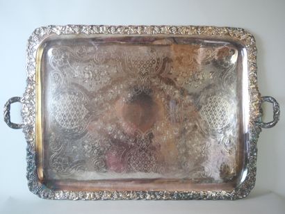 null Large rectangular silver plated serving tray with central engraved decoration...