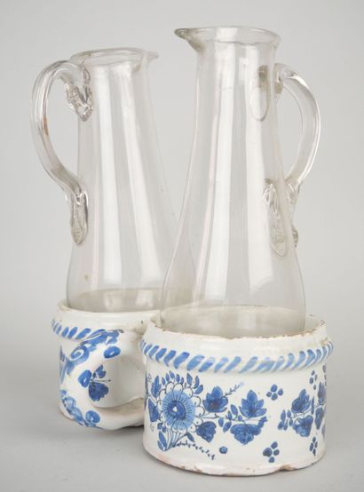 null Covered sugar bowl and its adherent tray in earthenware, with polychrome decoration...