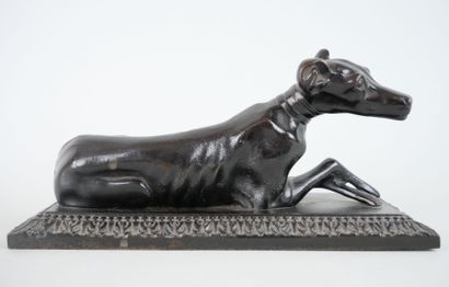 null Paperweight in bronze or metal with black patina representing a greyhound lying...