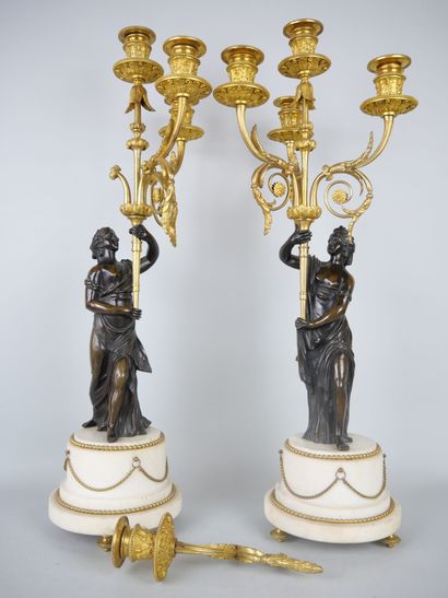 null Pair of large candelabras with four arms of light in white marble, gilt bronze...