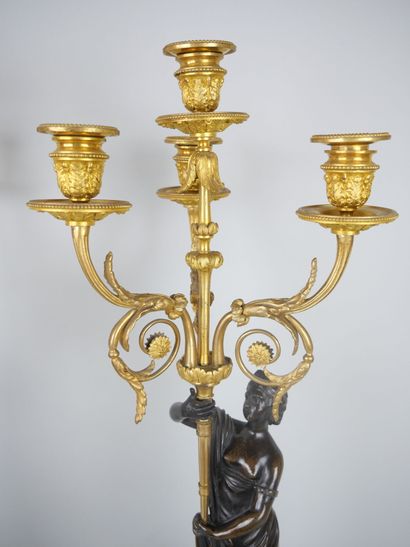 null Pair of large candelabras with four arms of light in white marble, gilt bronze...